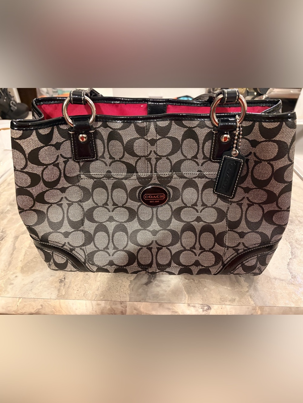 Coach Signature Canvas Tote in Black, Gray and Pink